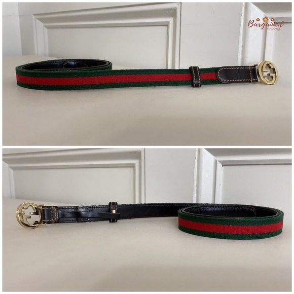 Authentic Gucci Web Canvas Brown Leather GoId Interlocking G Buckle Belt 85/34 - Picture 10 of 13